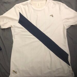 Tracksmith Van Cordtland navy on white shirt